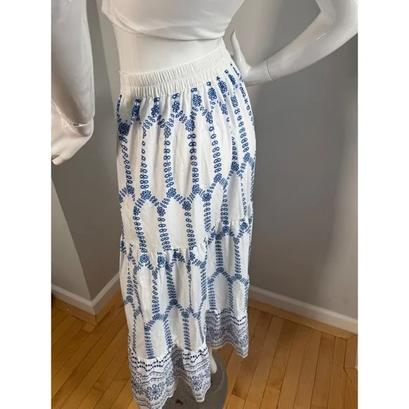 Commense Boho Blue & White Embroidered Maxi Skirt Flowing Tiered Summer Skirt S - Picture 8 of 10